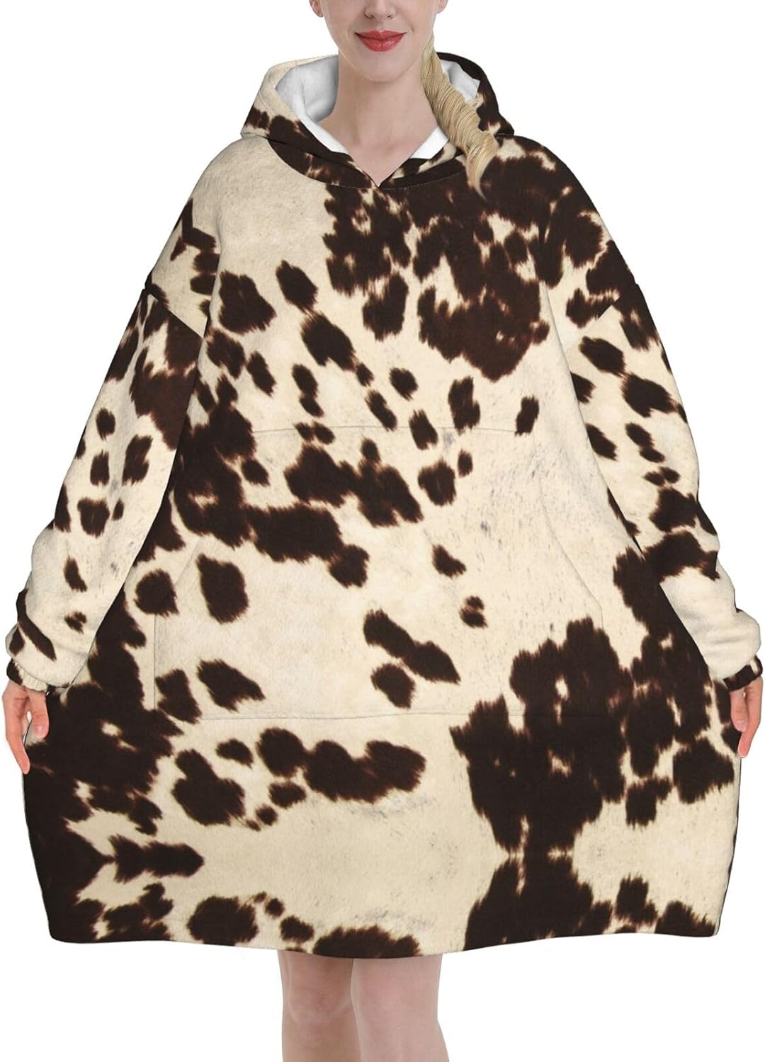 MUSM Brown Cowhide Print Blanket Hoodie Fleece Sweatshirt Blanket With Sleeves And Pockets