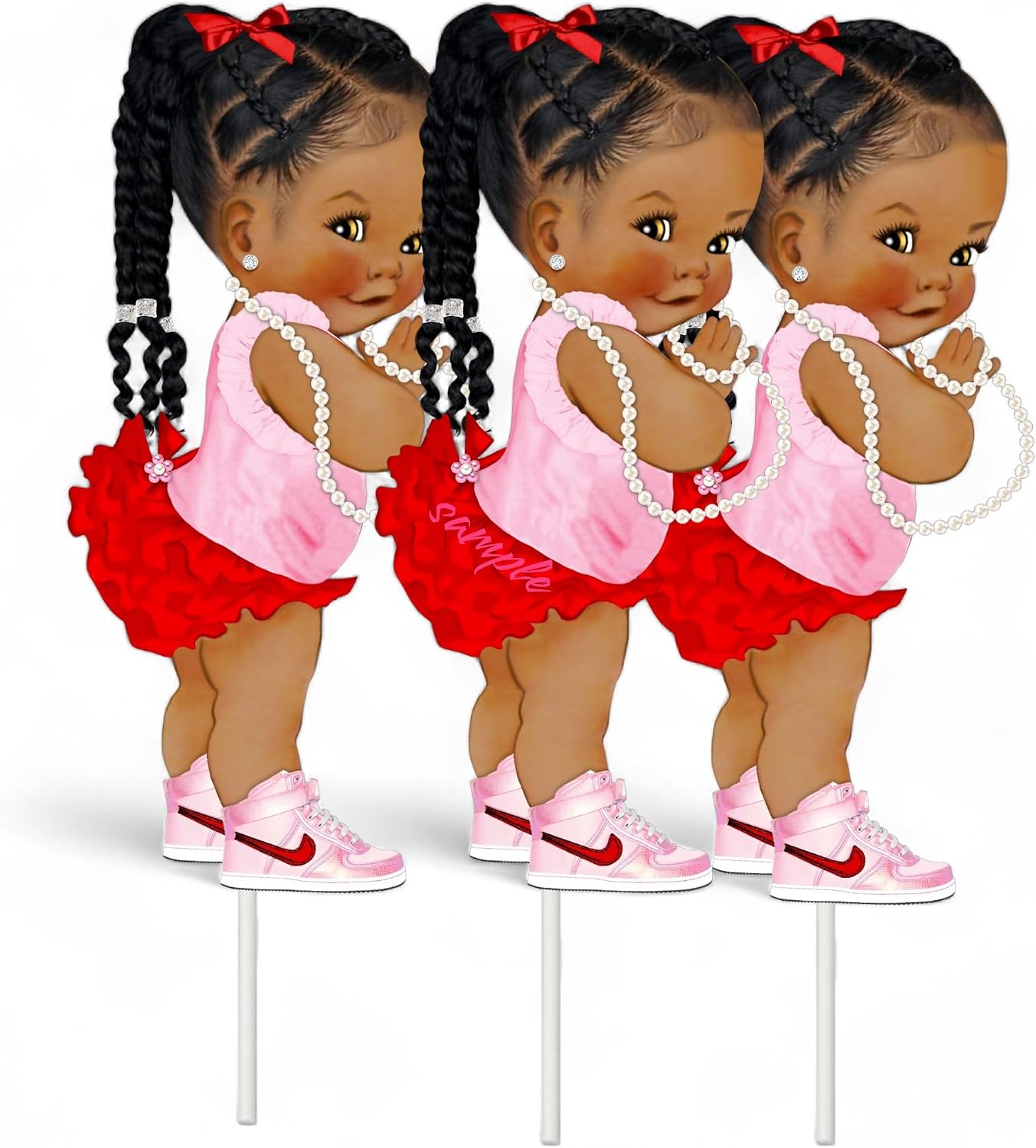 African American Baby Girl Cutouts, Red Pink, 10", Braid Hairstyle