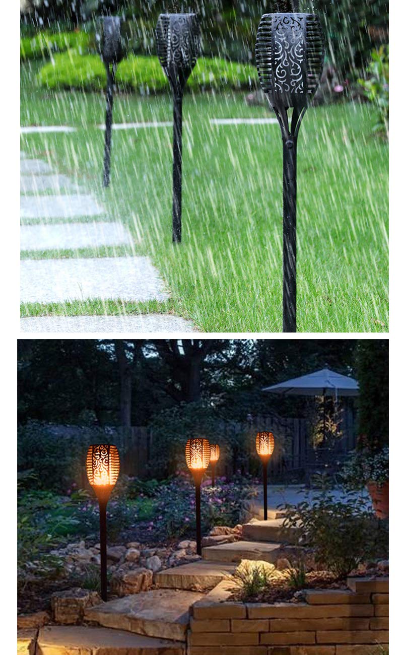 Lot de 4 lampes torches solaires étanches à 96 LED - Flammes vacillantes - Éclairage de décoration de paysage, de terrasse, pelouse - Éclairage du crépuscule à l'aube - Marche/arrêt automatique pour