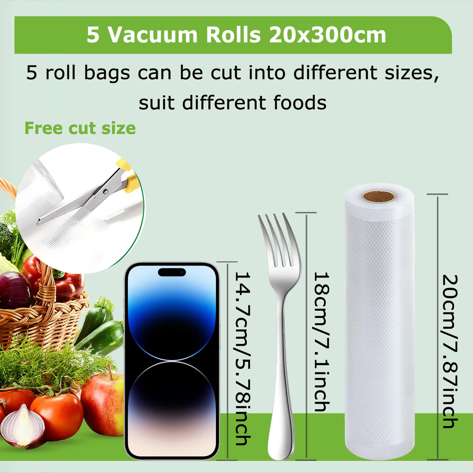 Rotoli Pellicola Sottovuto 5 Pezzi Per Alimenti | 20/25/28 X 300 Cm, Sacchetti Multiuso Antistrappo Per Sous Vide E Congelatore