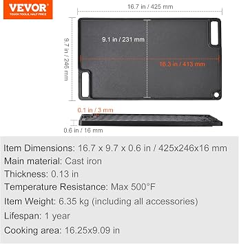 VEVOR Reversible Grill/Griddle, 9.7x16.7 Pre-Seasoned Cast Iron Griddle, Rectangular Double Burner Griddle Pan, Non-Stick Family Pan Cookware with Handles, Flat Top Plate for BBQ, Gas Grill, Black