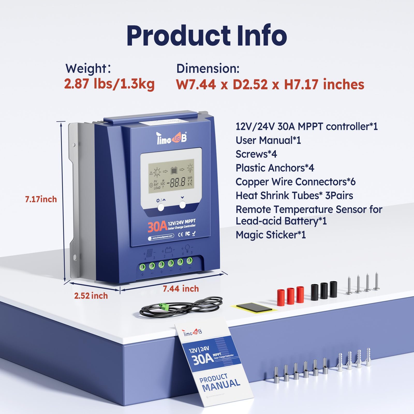Timeusb Controlador de carga solar MPPT de 30 amperios, 12 V/24 V, entrada de CC automática, eficiencia de seguimiento del 99% MPPT y carga rápida, controlador MPPT de 50 V con pantalla LCD para