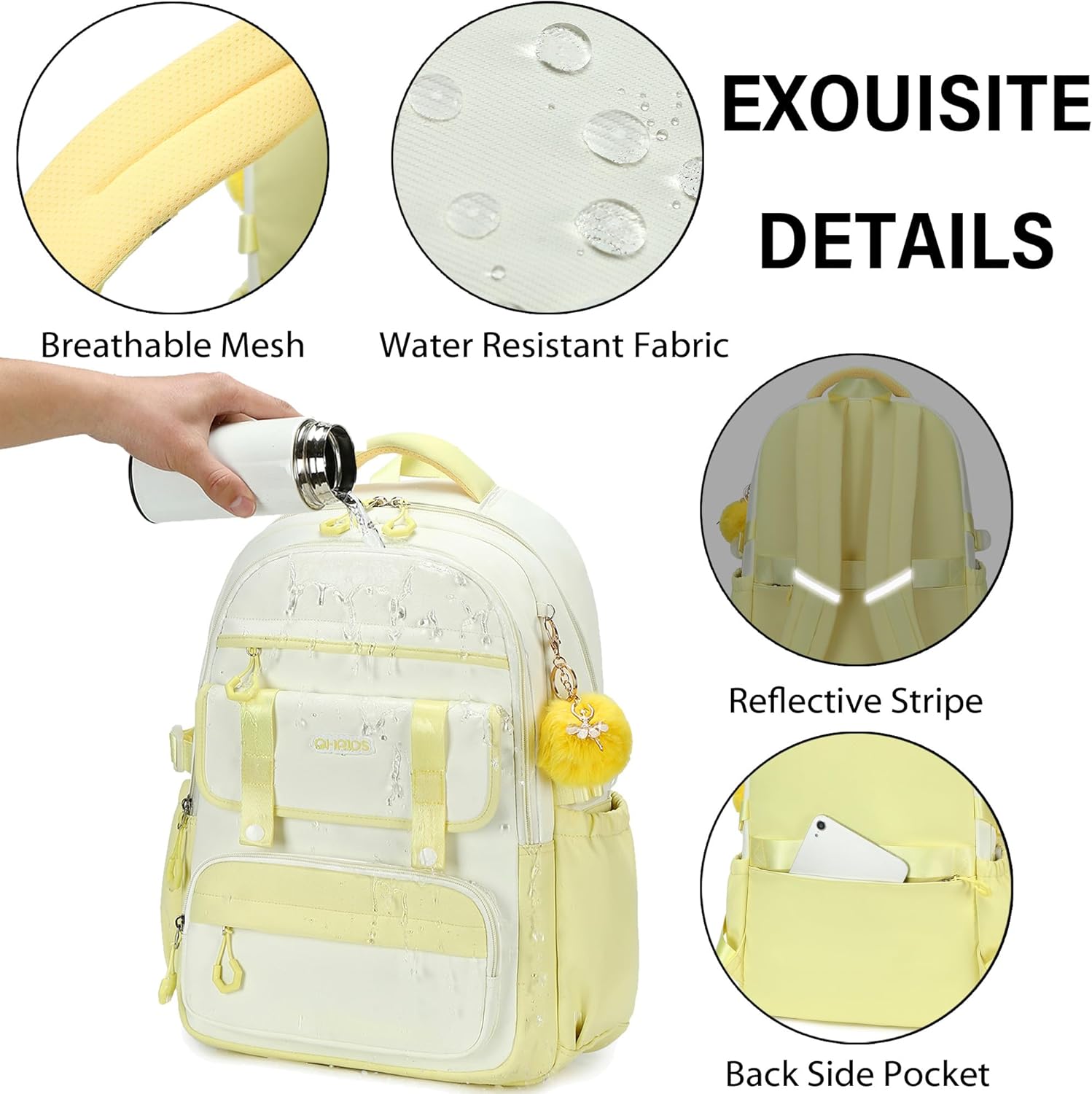School Backpack for Girls, Laptop Backpack 15.6 Inch Kids Elementary Middle High School Bag Anti Theft Cute College Bookbags for Teens Girls Women Students Casual Travel Daypack,Yellow Beige