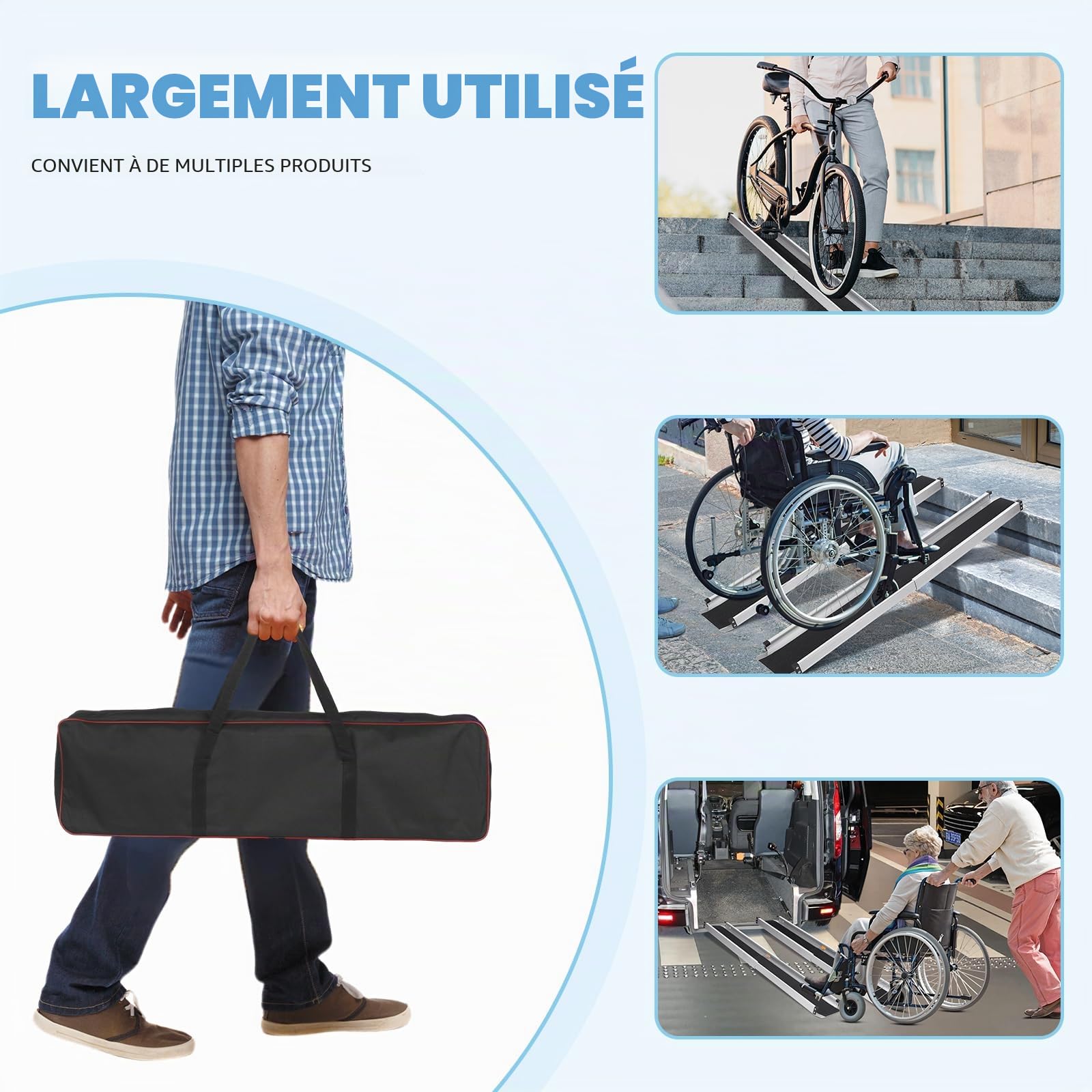 2PCS Rampes Télescopiques pour Fauteuils Roulants, Rampe d'Accès pour Fauteuils Roulants Rampe d'Accès Antidérapante Réglable avec Bords de Sécurité Max 300kg, Sac de Transport Inclus