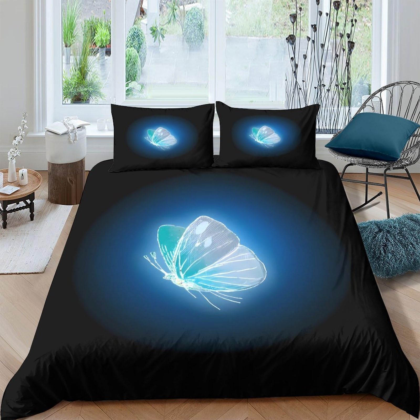 TUFRTGYHN 3D Printed Blue Butterfly Duvet Cover Set Microfiber Soft Breathable Glow Bedding with 2 Pillowcases for Bedroom Home Decor Single（135x200cm）