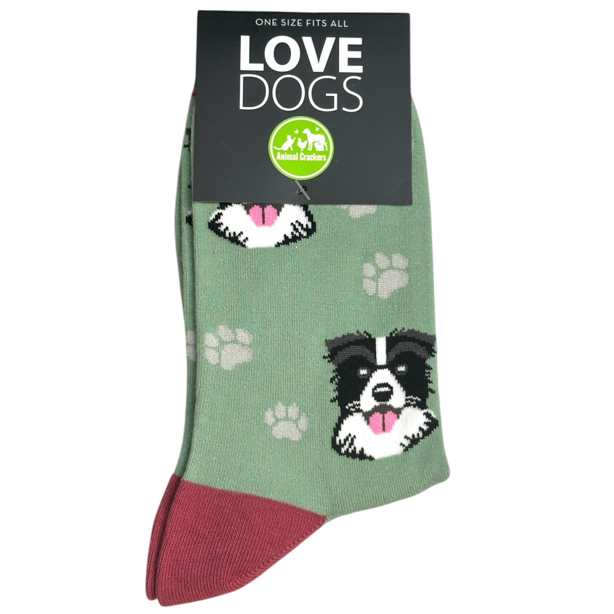 Animal Crackers 'Love Dogs' BORDER COLLIE design Dog Breed Socks, plush 80% cotton fabric, Men's or Women's sizes (Women's, Olive Green)