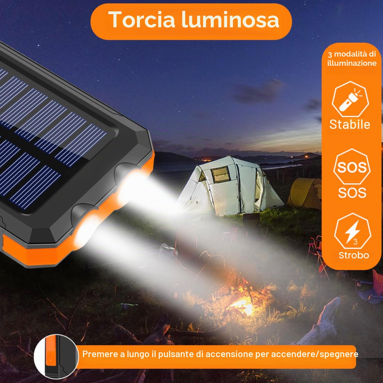 Power Bank Solar 20000 mAh - Caricatore portatile 3 in 1 impermeabile e resistente - Ricarica rapida USB e USB-C con torcia - Batteria esterna per iPhone, Samsung - Camping, Outdoor e Emergenze