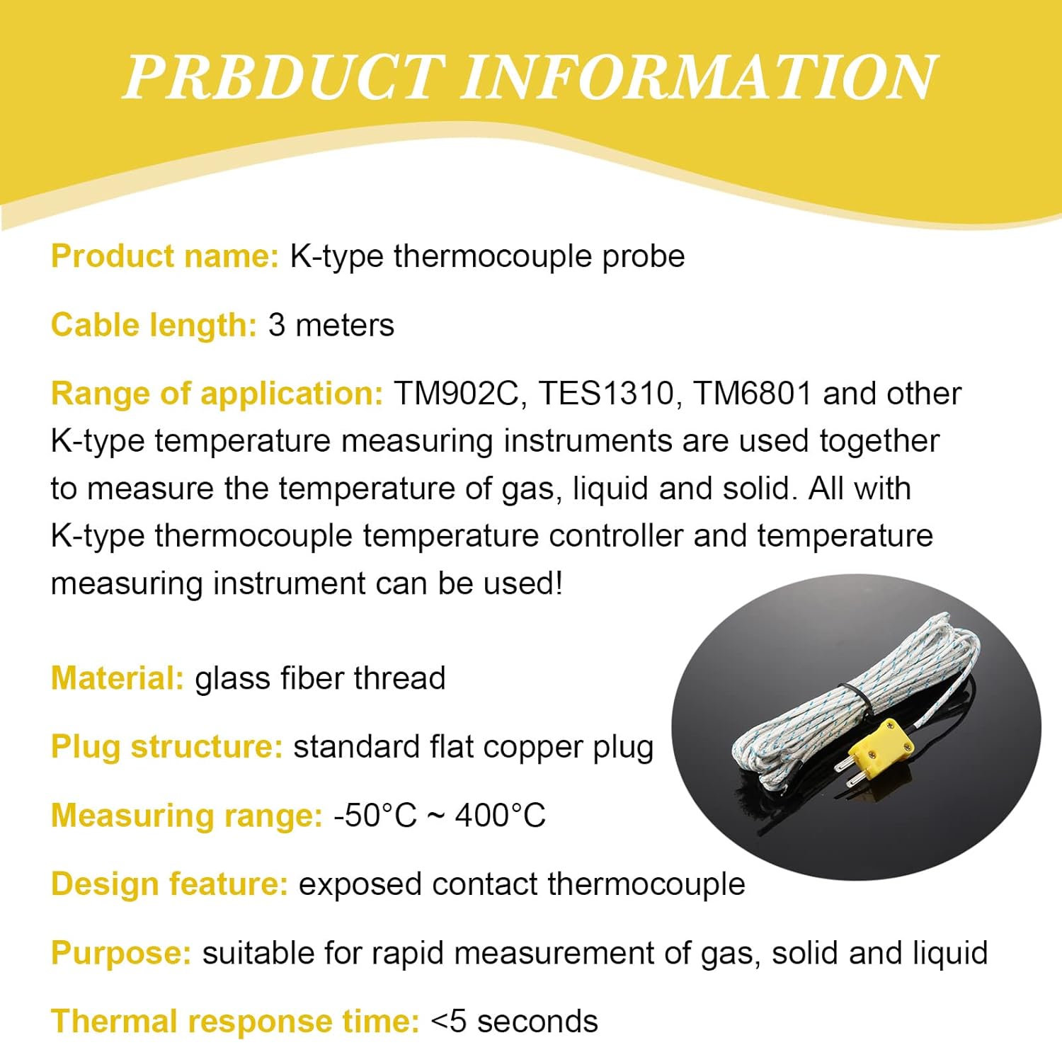 30 Pieces 3 Meters K Type Mini-Connector Thermocouple Temperature Probe Sensor K Type Thermocouple Wire Temperature Sensing Line Measure Range -50 to 400 Celsius, Compatible with TM902C/ TES1310