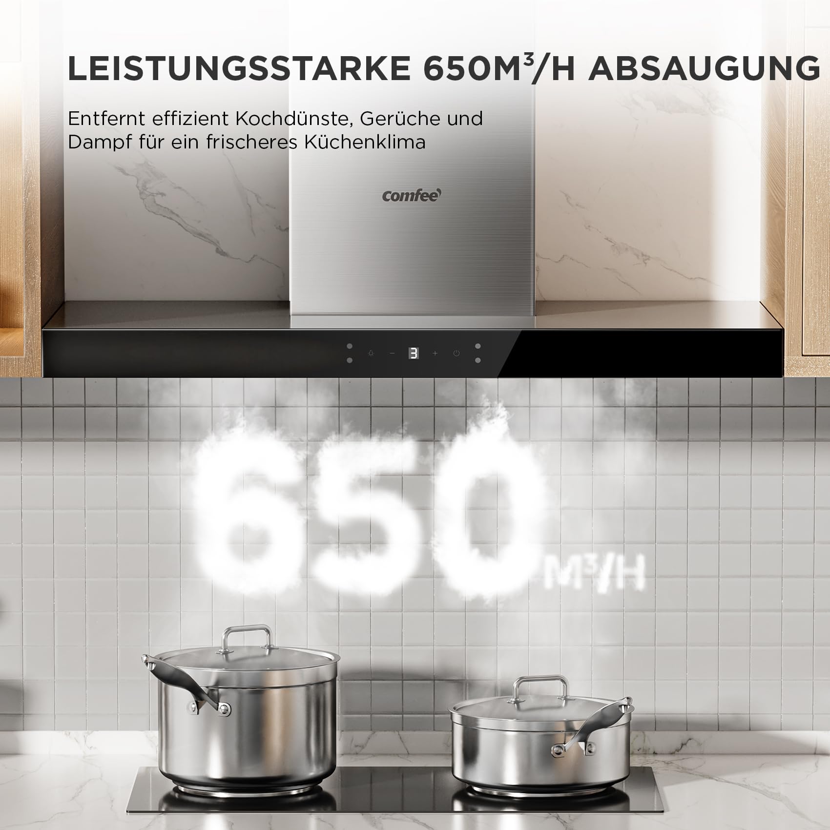 COMFEE' CHW 7.9M77A3 A+++ Dunstabzugshaube 90cm Umluft/Abluft, Abzugshaube mit 650m³/h Starker Saugleistung, 4 Geschwindigkeiten, Berührungssteuerung & Gestensteuerung, Wandhaube mit Aktivkohlefilter - 4