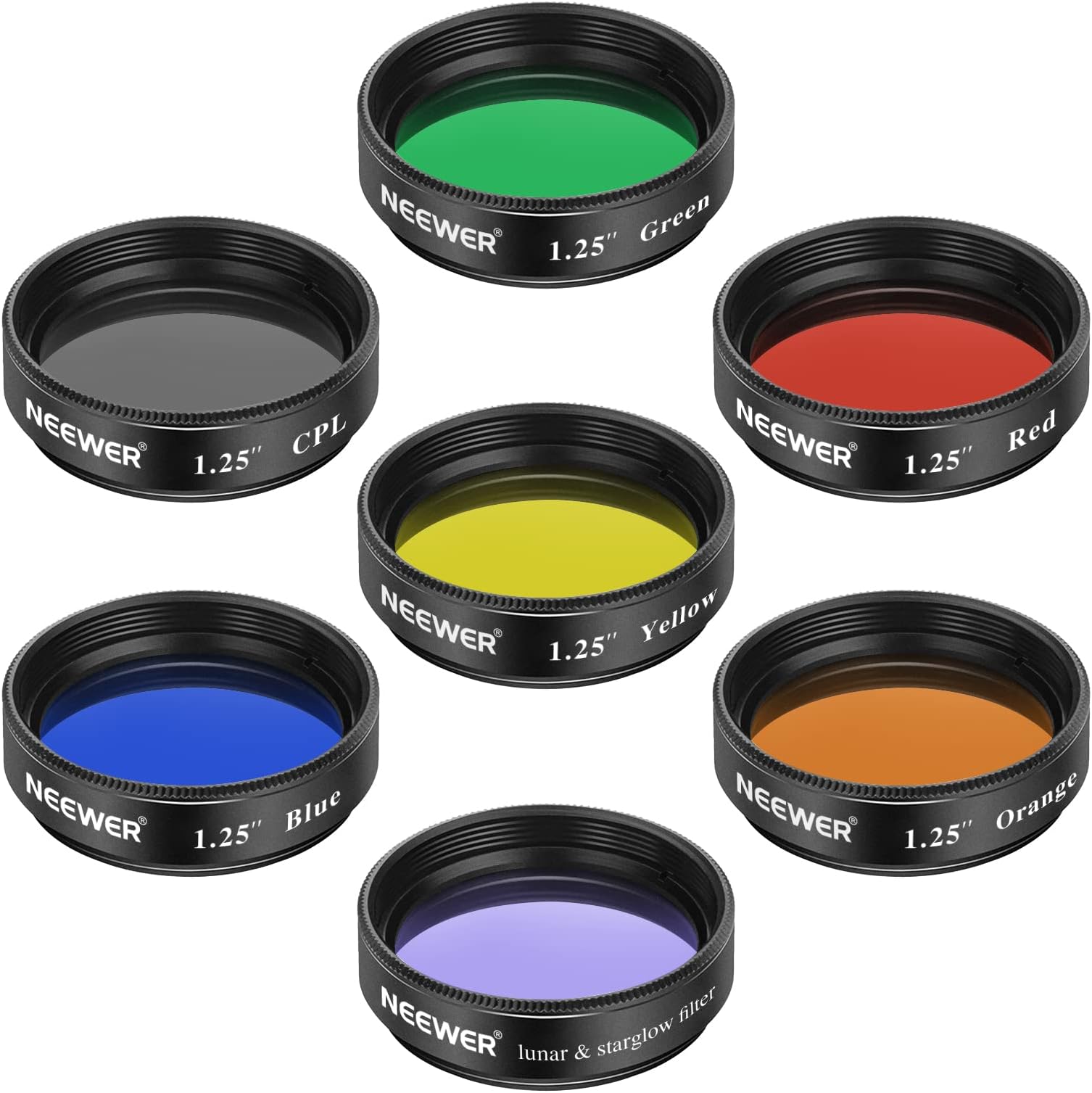 Neewer 1.25 inches Telescope Moon Filter, CPL Filter, 5 Color Filters Set(Red, Orange, Yellow, Green, Blue), Eyepieces Filters for Enhancing Definition and Resolution in Lunar Planetary Observation