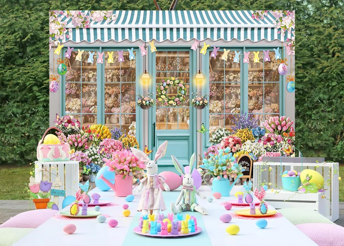 Easter Bunny Shop Backdrop Spring Flowers Shop Happy Easter Day Photoshoot Background Colorful Tulips Floral Market Party Decoration Banner Booth Props (10x8FT(120x96 inch))