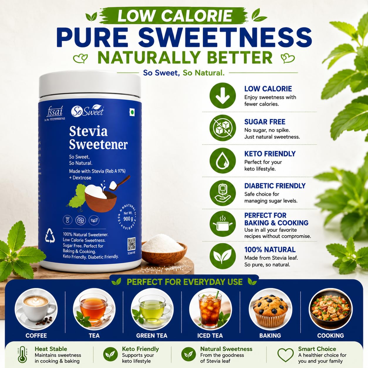 So Sweet Stevia Powder - 100% Natural, Sugar-Free, Low-Calorie Sweetener, 1800gm (Pack of 2, 900gm Each), Perfect for Diabetics, Keto Diets, Baking, and Cooking, Ideal for Healthy Lifestyles 2