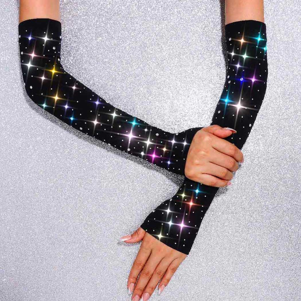 GORTIN Rhinestones Fingerless Gloves Black Sparkle Elbow Length Halloween Costume Rave Sheer Gloves for Women
