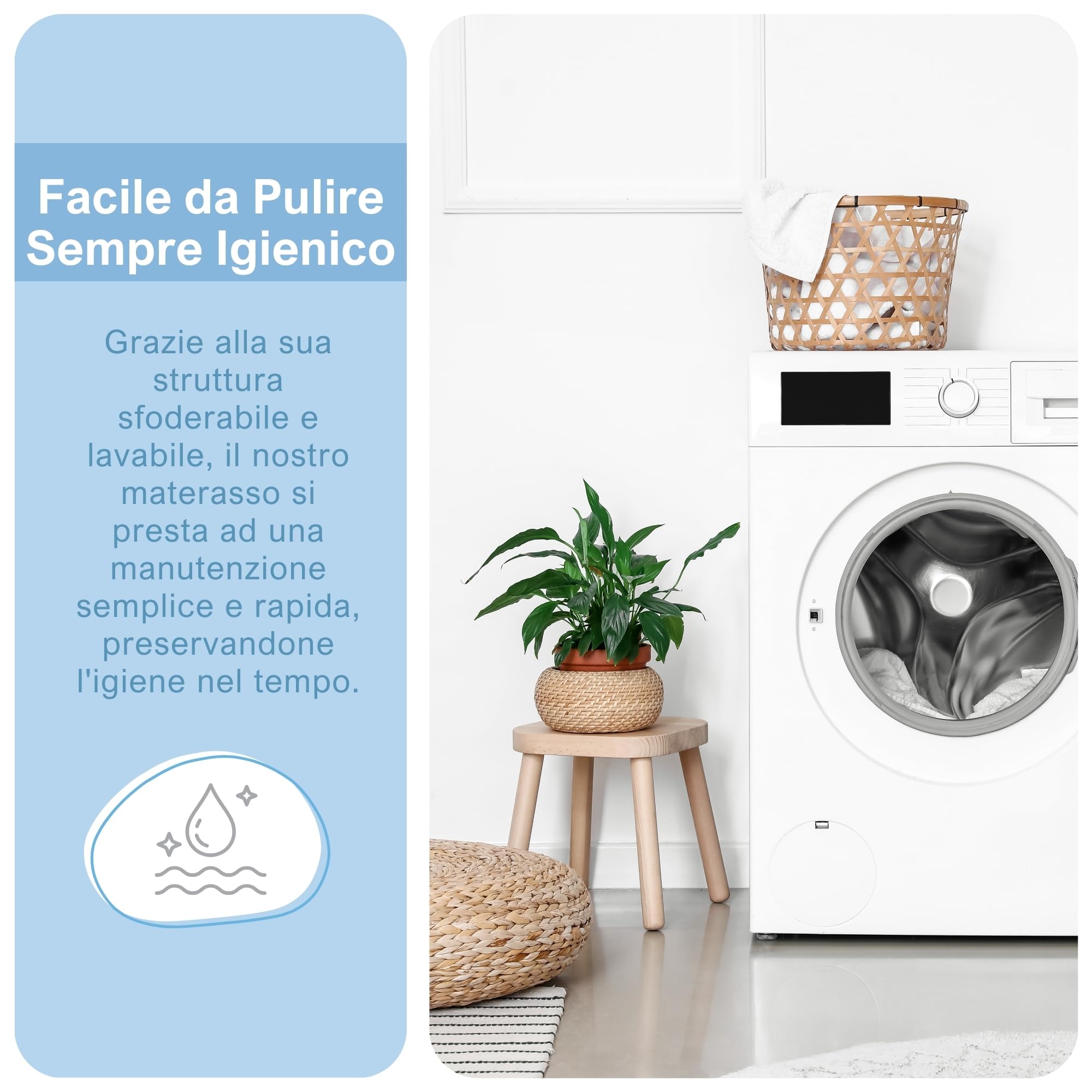 baby idea Materasso Lettino Neonato Antisoffoco Sfoderabile a Norma EN16890:2017+A1:2021 Lavabile Materasso Culla Neonato Ipoallergenico, Ergonomico per tutte le Stagioni (Bianco/Blu, 64x124)