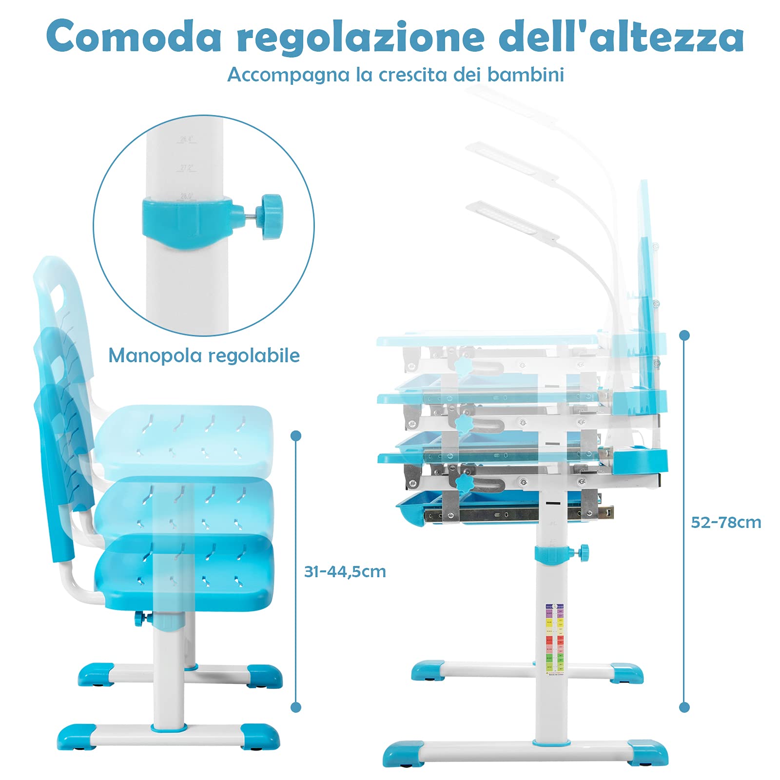 COSTWAY Set Scrivania e Sedia per Bambini, Tavolo Regolabile in Altezza con Piano Inclinabile 45° e Luce LED 3 Modalità, Tavolo e Sedia Ergonomica in Materiali Sicuri per 4+ Anni (Blu)
