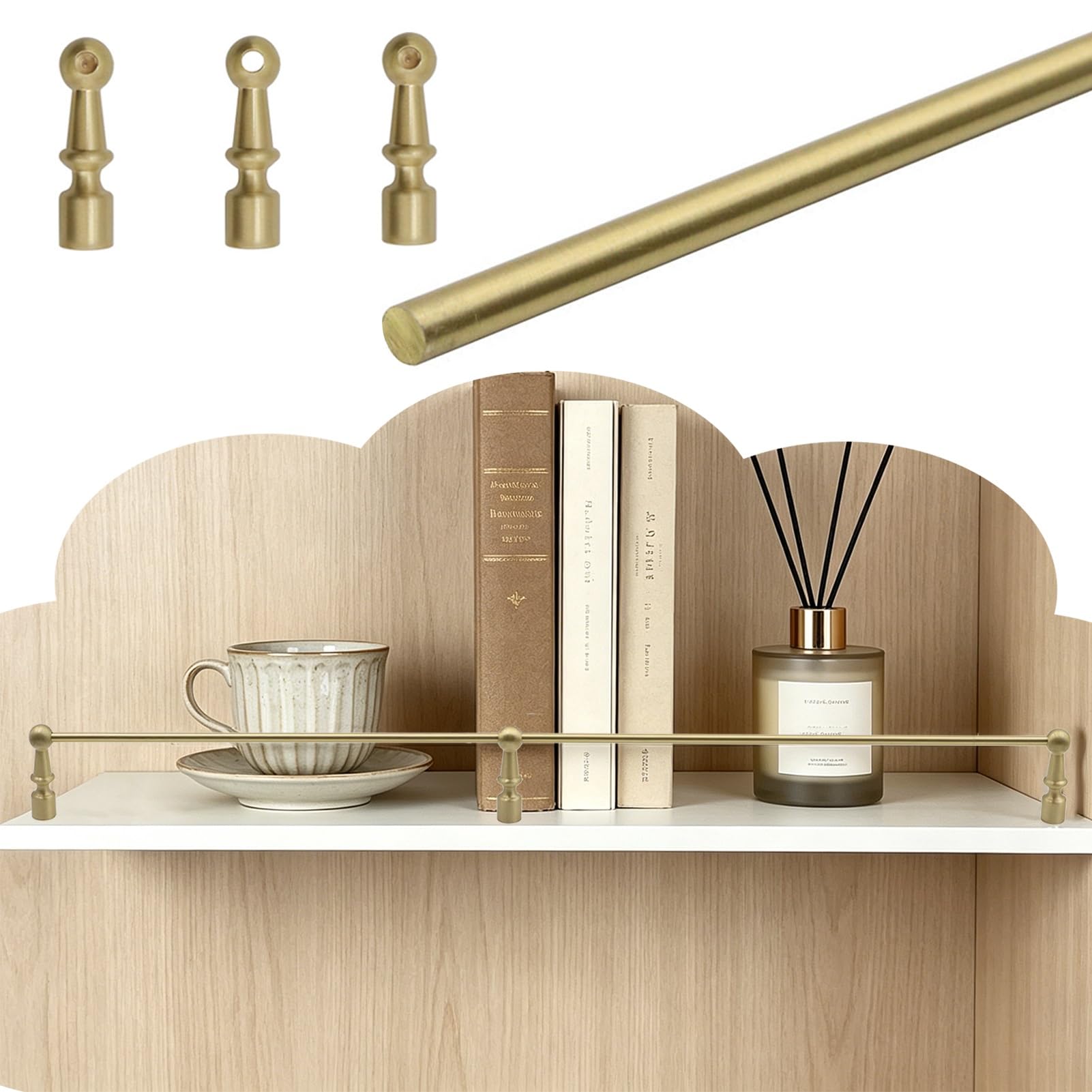 Vintage Style Brass Shelf Rail, Decorative Anti-Tipping Guardrail with 3 Posts, Thin Floating Shelves Railing Hardware for Cabinet Pantries Bookshelf(Style A,24in(61cm))