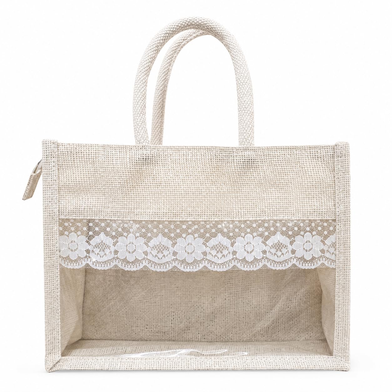 Jute Bag for Gift Hamper Bag with Transparent Window, Lace Border & Rope Handles for Wedding Return Gifts, Festive Gifting, Dry Fruits, Chocolates & Corporate Gifts, Natural Beige-image-2