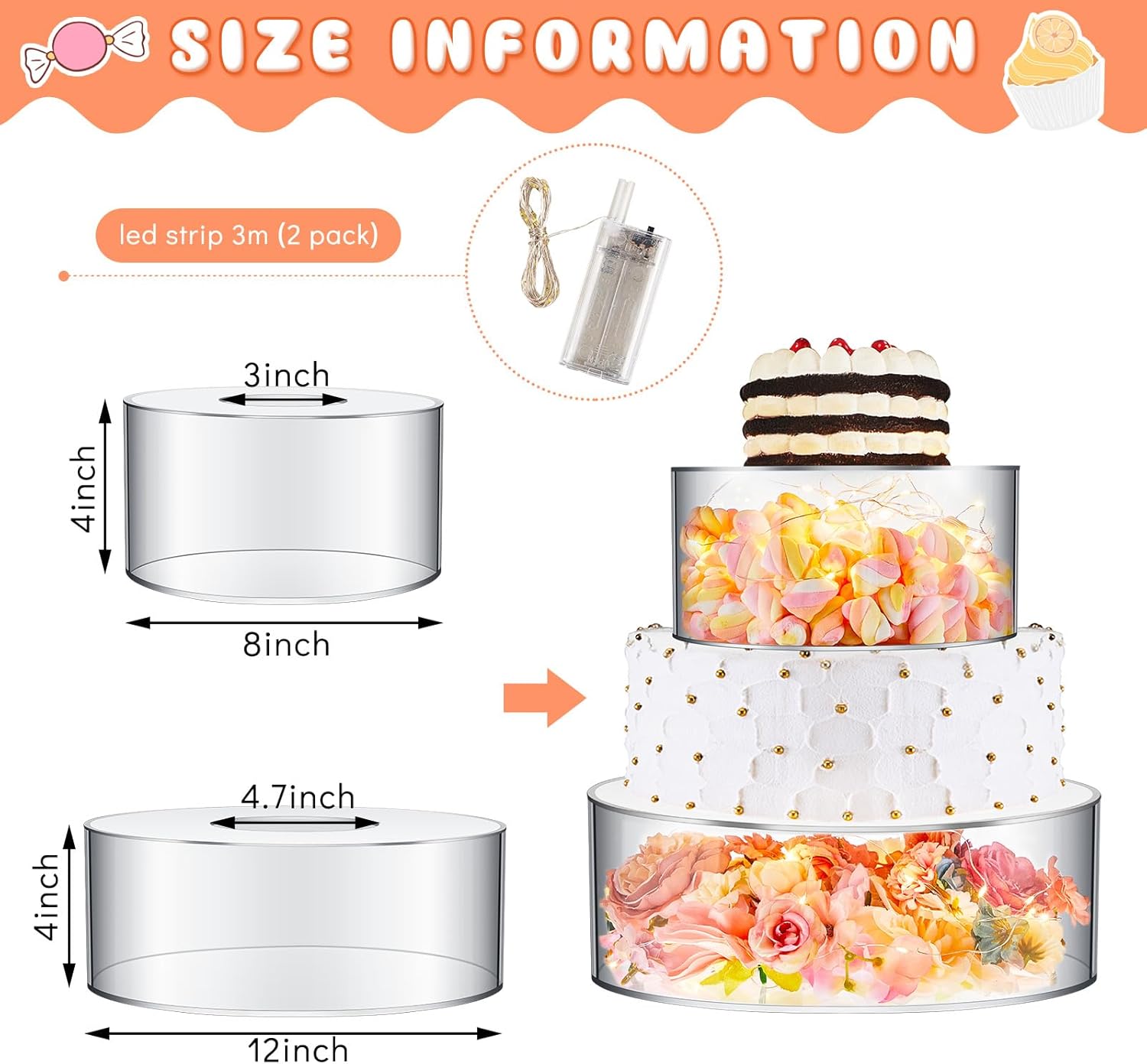 Sunnyray 2 Pcs Acrylic Cake Stands for Dessert Table Clear Fillable Cake Riser Cupcake Tier with LED Strings for Birthday Wedding Holiday Party Display(8'', 12'')