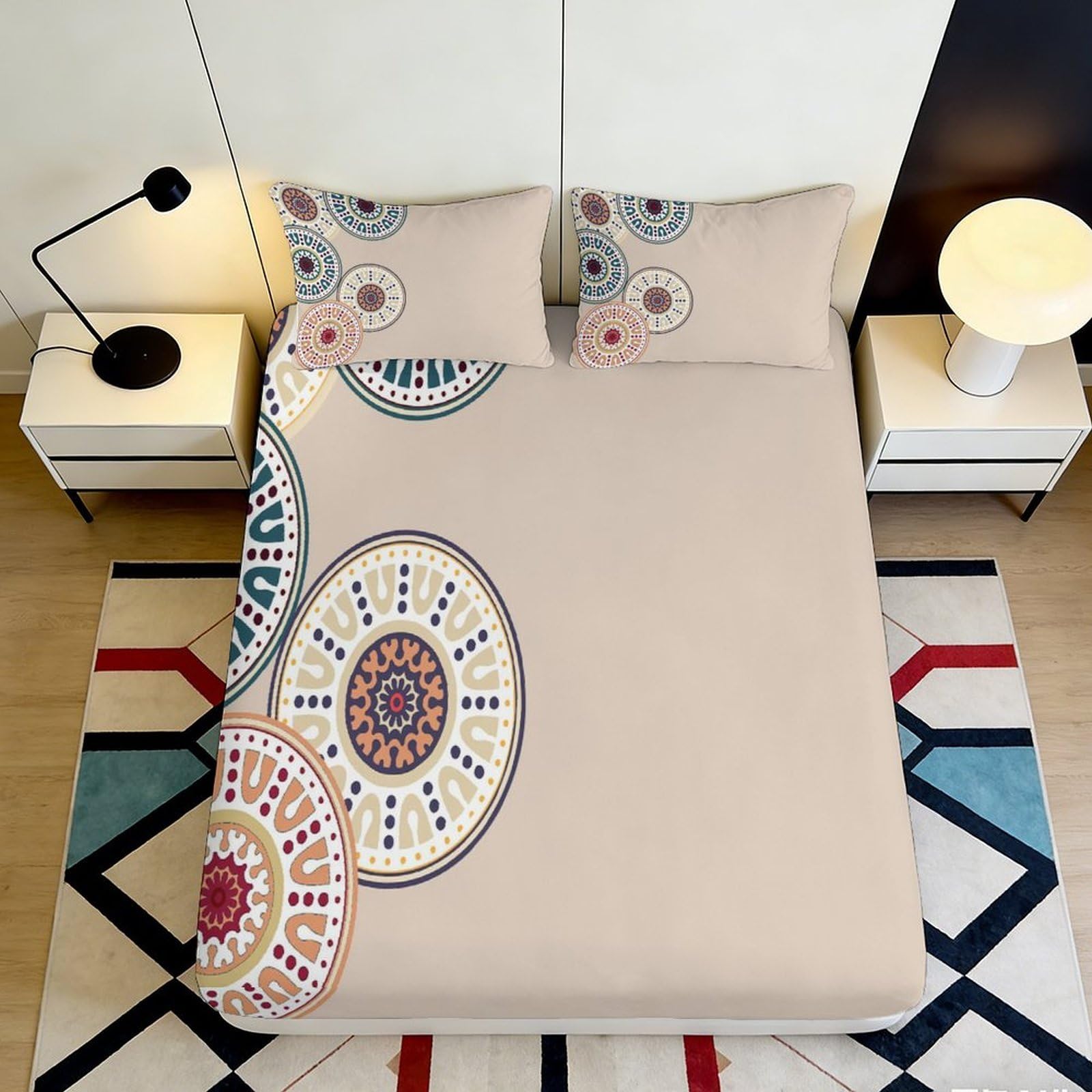 3D Printed Beige Mandala Fitted Sheet Microfiber Soft Breathable Circular Pattern Bed Cover for Bedroom Dormitory Guest Room Mattress Protection Decor 160x200x25cm