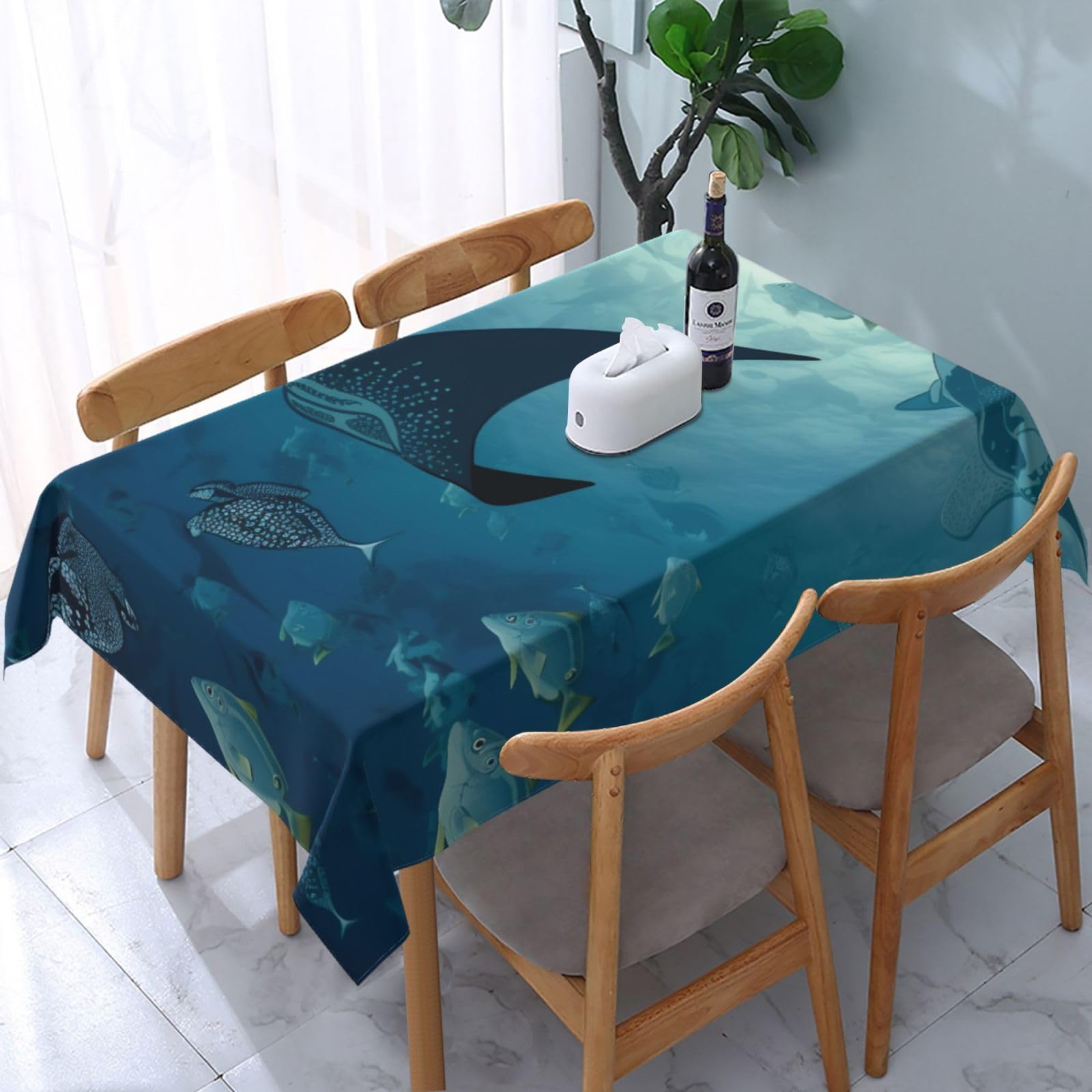 WPKJU Manta Ray and Fish Printed Tablecloth Water Resistant Table Cover Washable Rectangle Table Cloth for Tables 54x72 in