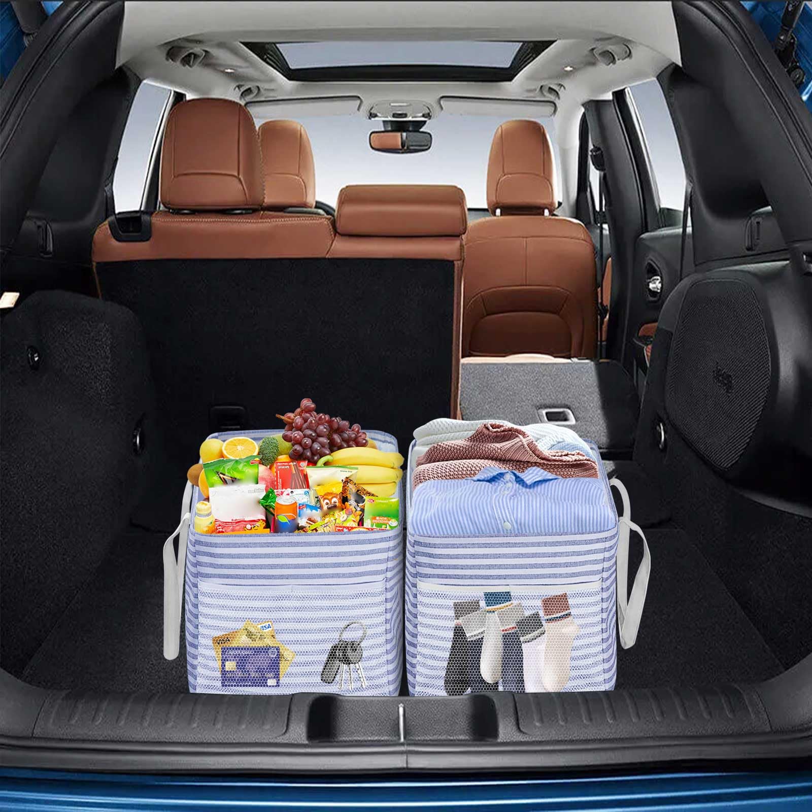 Panier à provisions pliable avec cadre en fil métallique et fond renforcé - Grand panier de transport avec poignée - Idéal pour le shopping, les pique-niques, la plage, le camping (bleu)