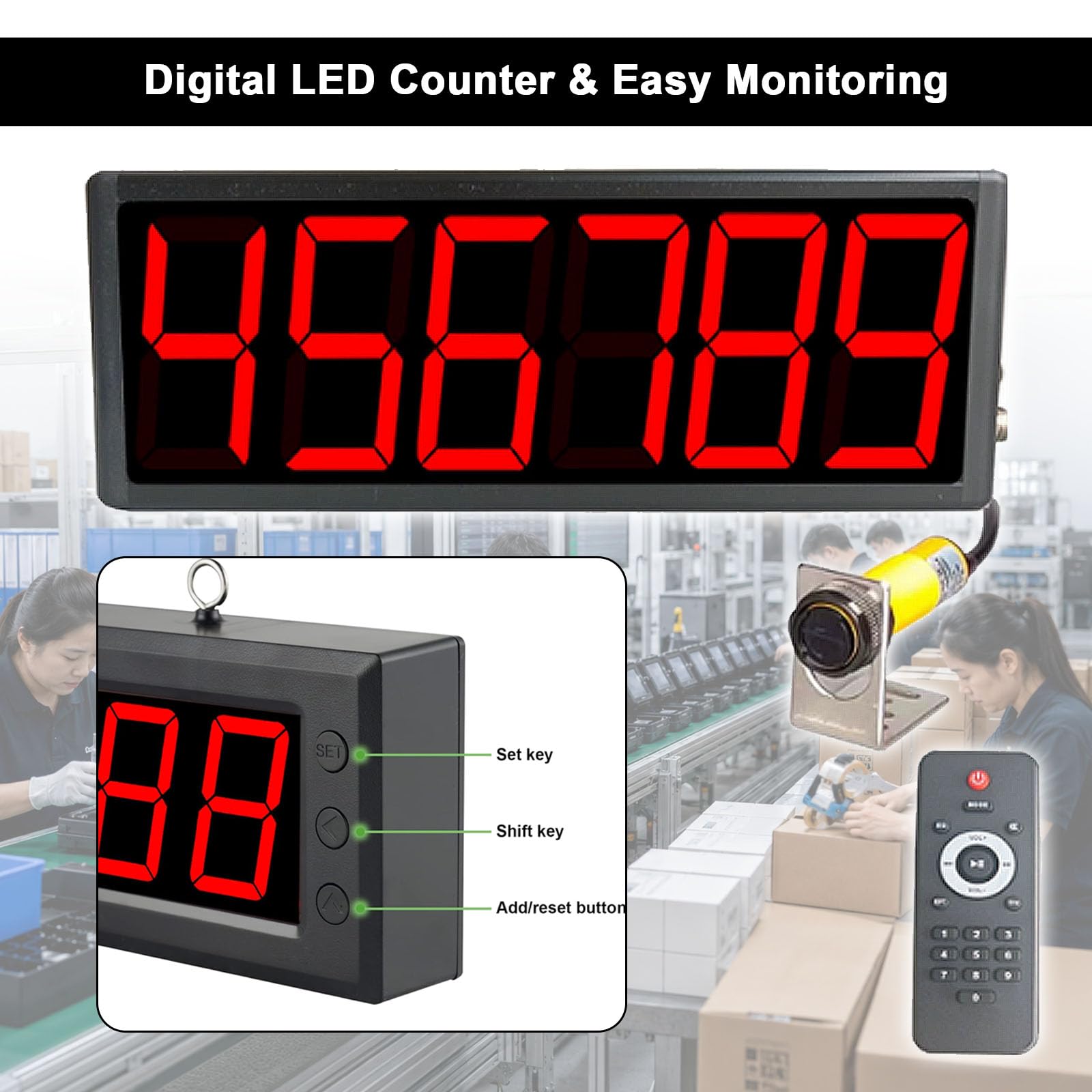 Compteur Numérique LED 3,9 Pouces, Affichage LED 6 Chiffres avec Capteur Infrarouge, Distance De Détection De 28 Pouces Et Télécommande pour Les Convoyeurs Et Le Comptage De Visiteurs