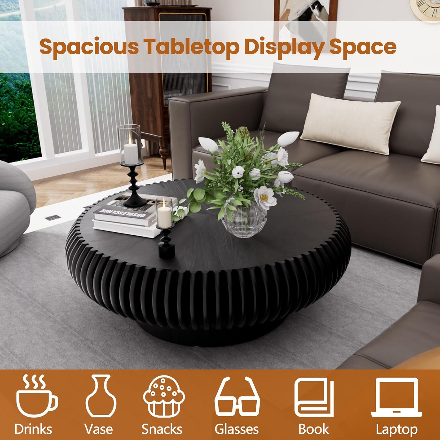 Round Drum Coffee Table with Sturdy Pedestal, Modern Wooden Fluted Coffee Table, Circle Center Table Accent Tea Table for Living Room Apartment Office Reception Room (Black D31.5)