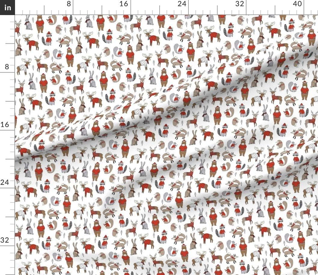 Spoonflower Fabric - Woodland Christmas Animals Bear Fox Deer Raccoon White Red Forest Printed on Petal Signature Cotton Fabric by The Yard - Sewing Quilting Apparel Crafts Decor