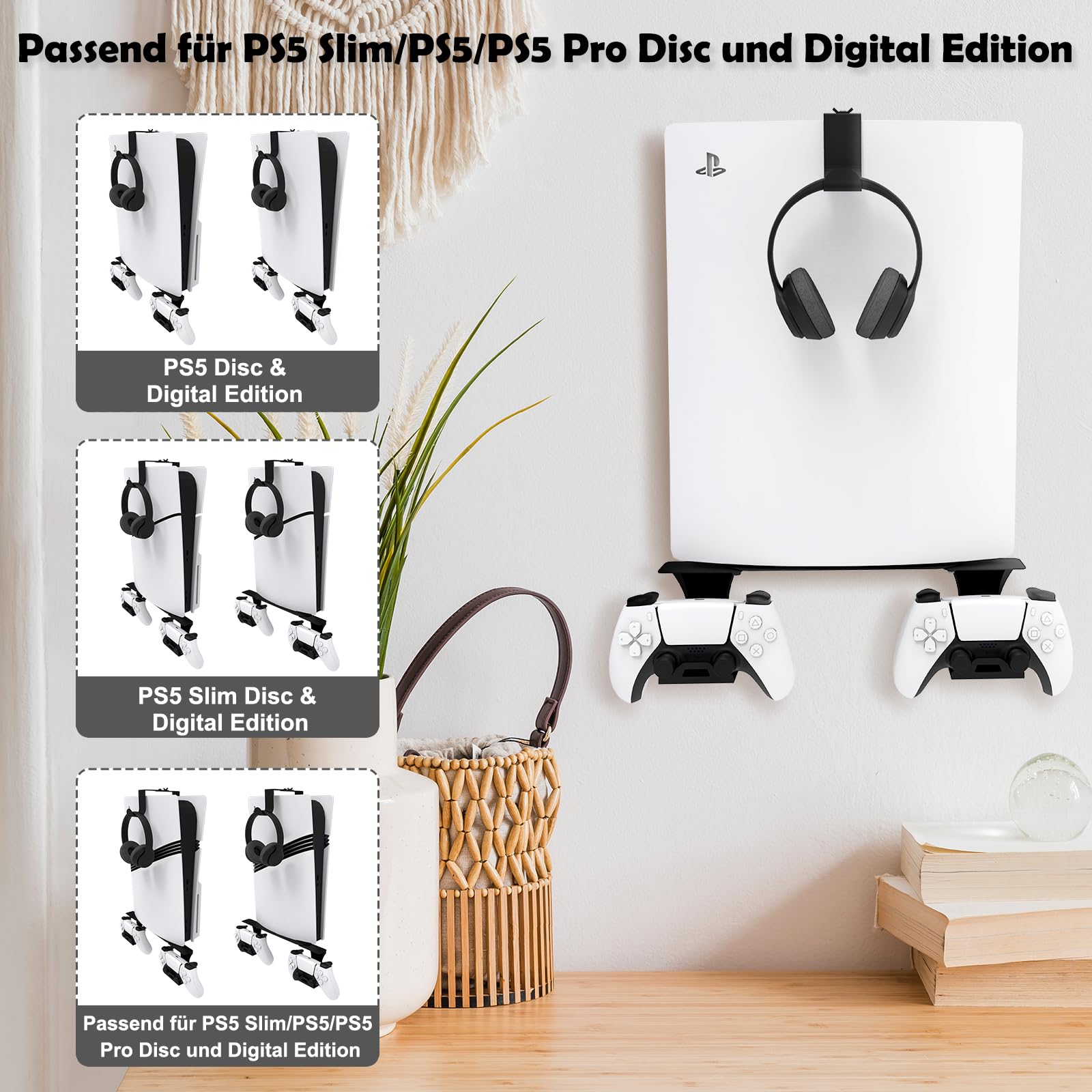 Wandhalterung für PS5/PS5 Slim/PS5 Pro mit Controller-Halterung Wand und Kopfhörer-Halterung, PS5-Zubehör aus massivem Metall – Schwarz