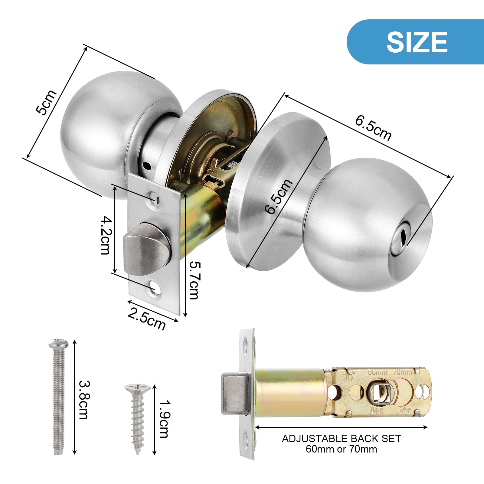 Coolty Privacy Door Knobs Keyless Lock Set Round Door Handle for Bedroom Bathroom Interior Doors Privacy Use(Silver) - Image 2