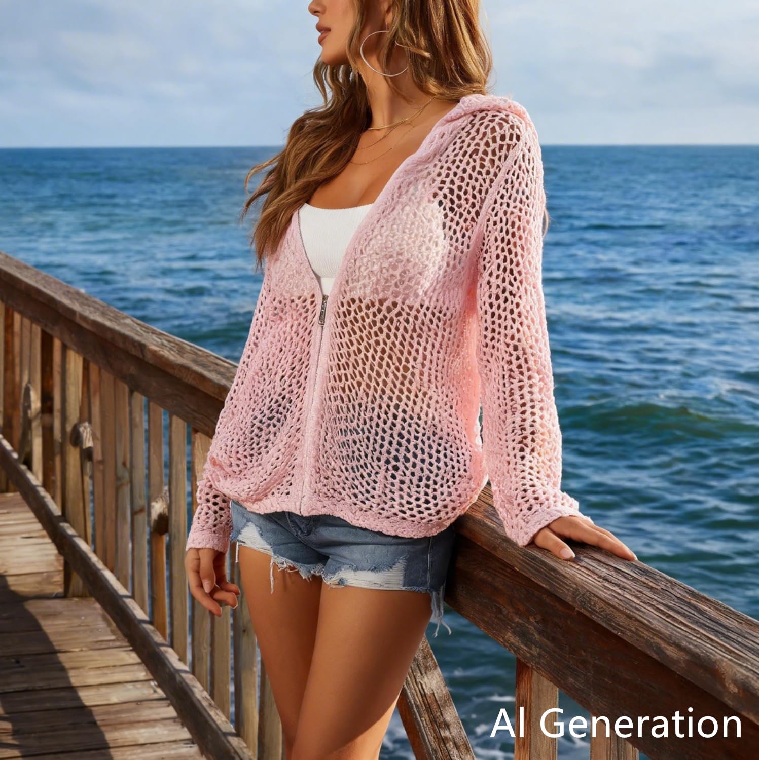 Cardigan da donna in maglia crochet con zip, cappuccio e maniche lunghe | Copricostume estivo/primaverile in rete crochet
