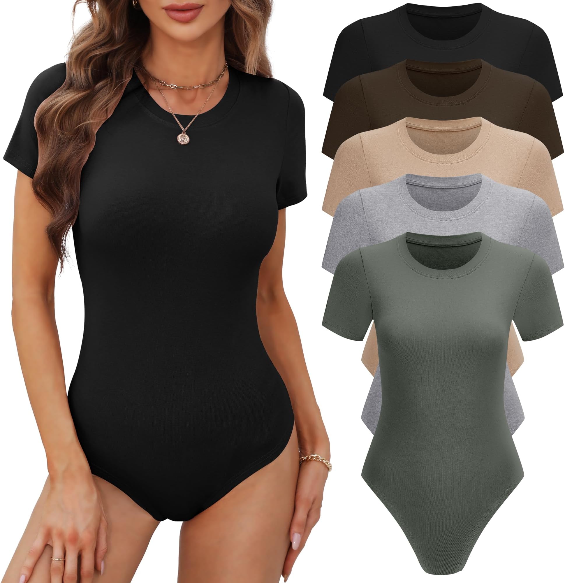 BALENNZ Women's 4/5 Pack Short Sleeve Round Neck Bodysuit Tops Crew Neck Basic Casual Tshirt Bodysuits