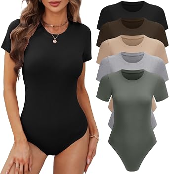 BALENNZ Womens 4/5 Pack Short Sleeve Round Neck Bodysuit Tops Crew Neck Basic Casual Tshirt Bodysuits