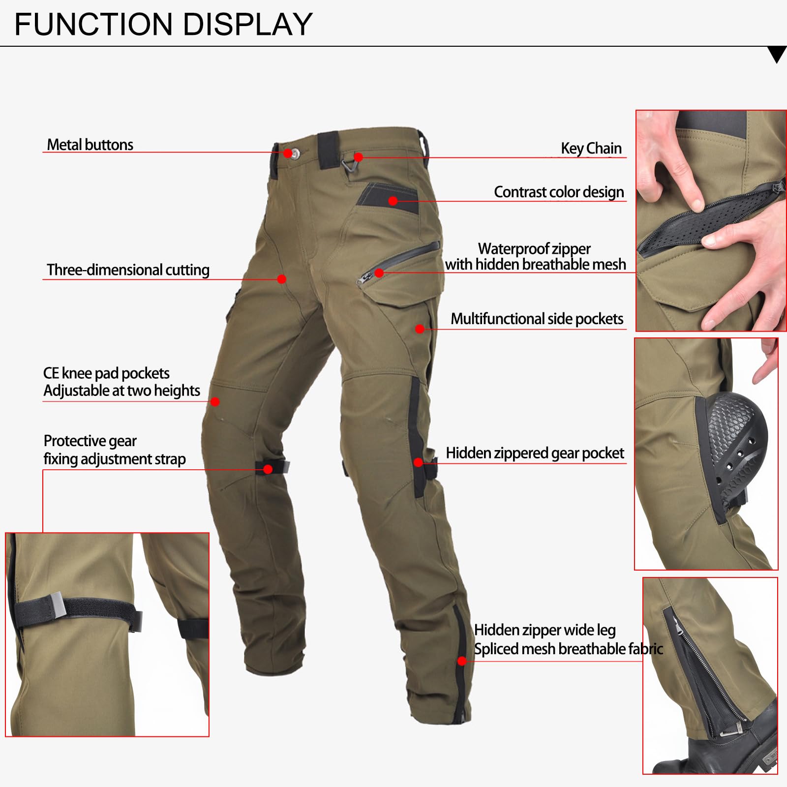 Pantalon Cargo de Moto Femme avec Ceinture Casual Vintage Racing Vélo Coupe-Vent Résistance à l'eau Homme Pantalon de Protection Vêtements de Sécurité avec Amovible Améliorée Protéger Pads