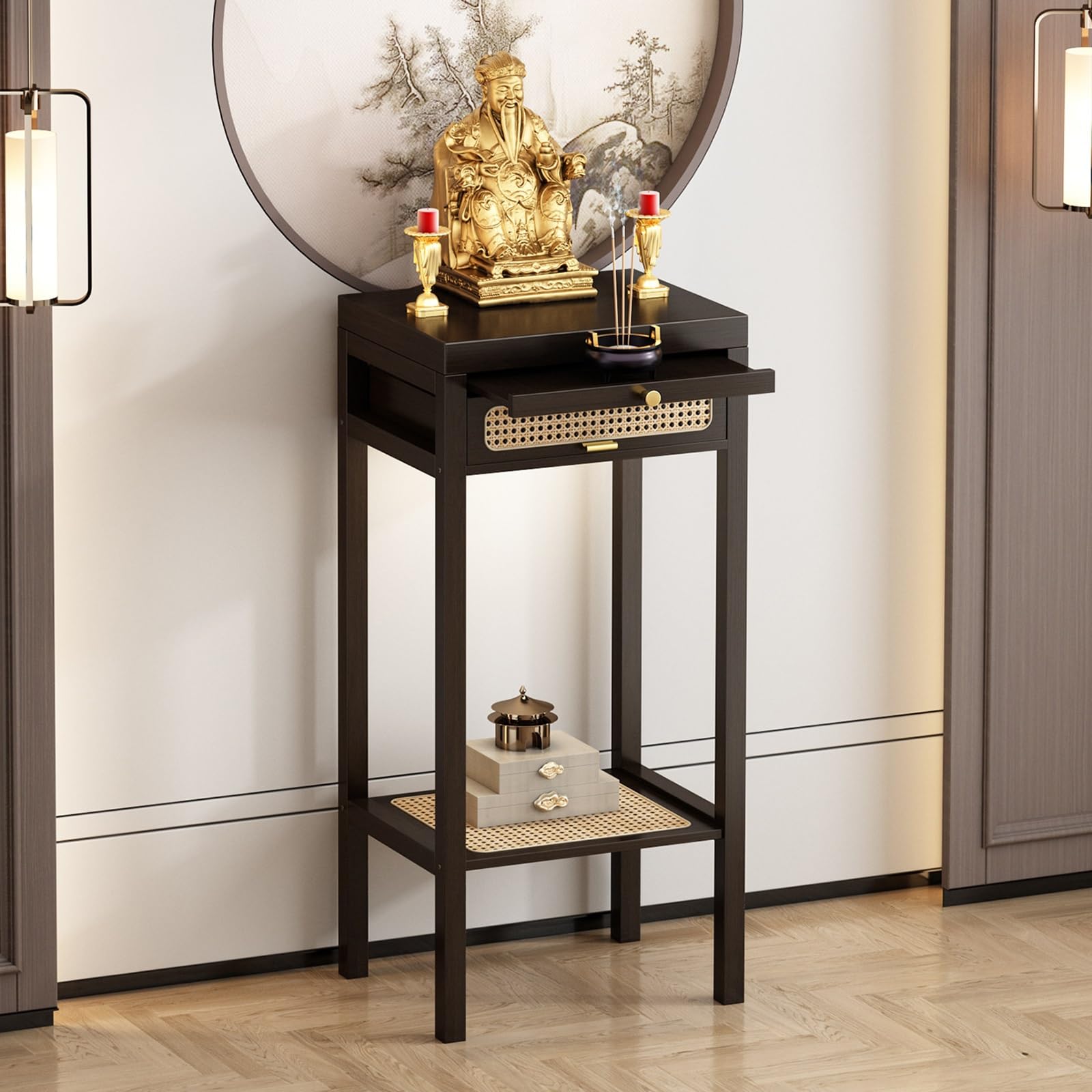 JNTFNE Meditation Altar Table with Pull-Out Storage Board, Chinese Buddhist Shrine, Bamboo Prayer Pooja Cabinet, Elegant Spiritual Decor for Small Spaces(50cm/19.7in)
