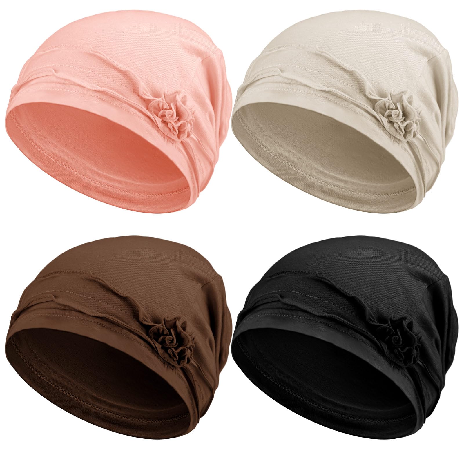 Geyoga 4 Pcs Chemo Turban Headwear for Women Soft Slouchy Cancer Headwear Elastic Sleep Cap with Flower Design