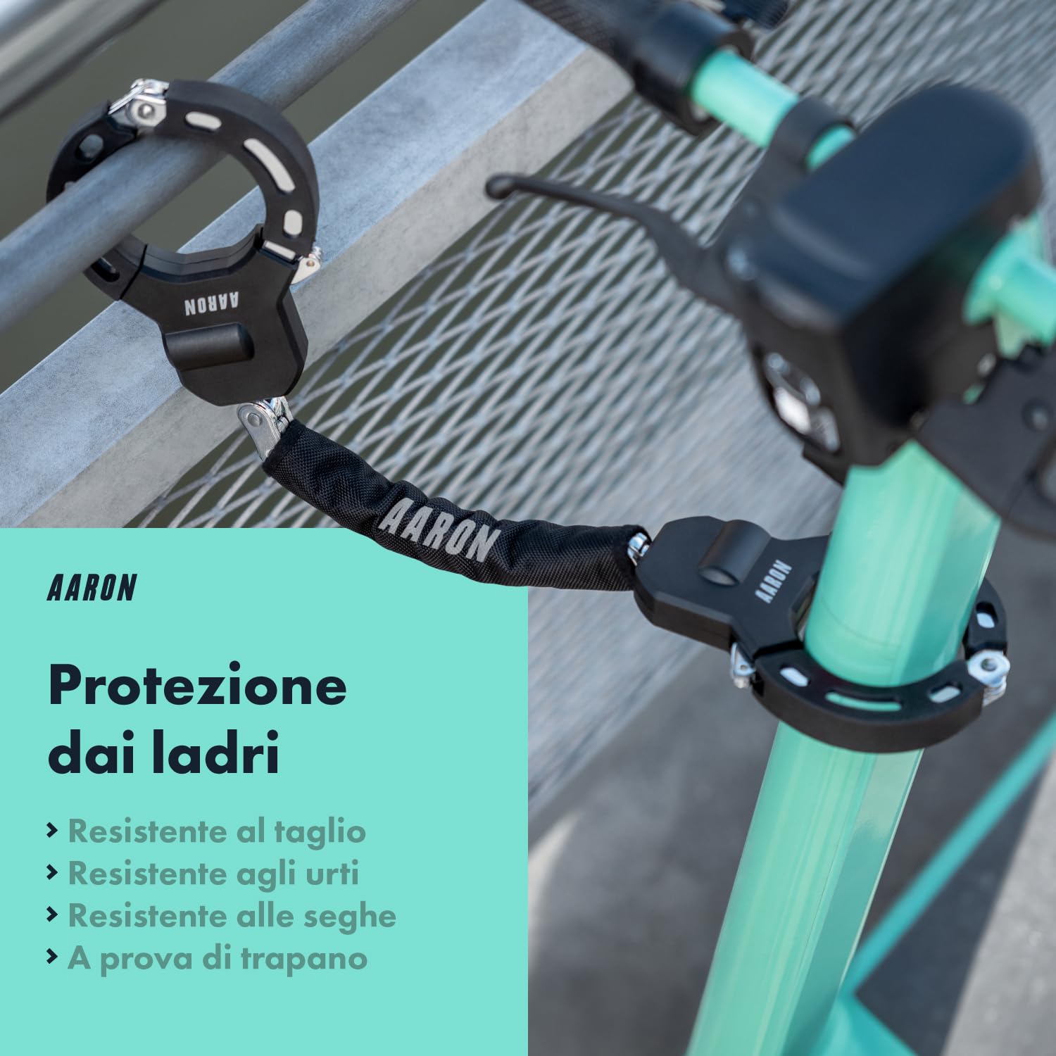 AARON Lucchetto con manette per scooter elettrico – design ad alta sicurezza – Lucchetto flessibile per bicicletta con catena in acciaio – Robusto e antigraffio (blue)