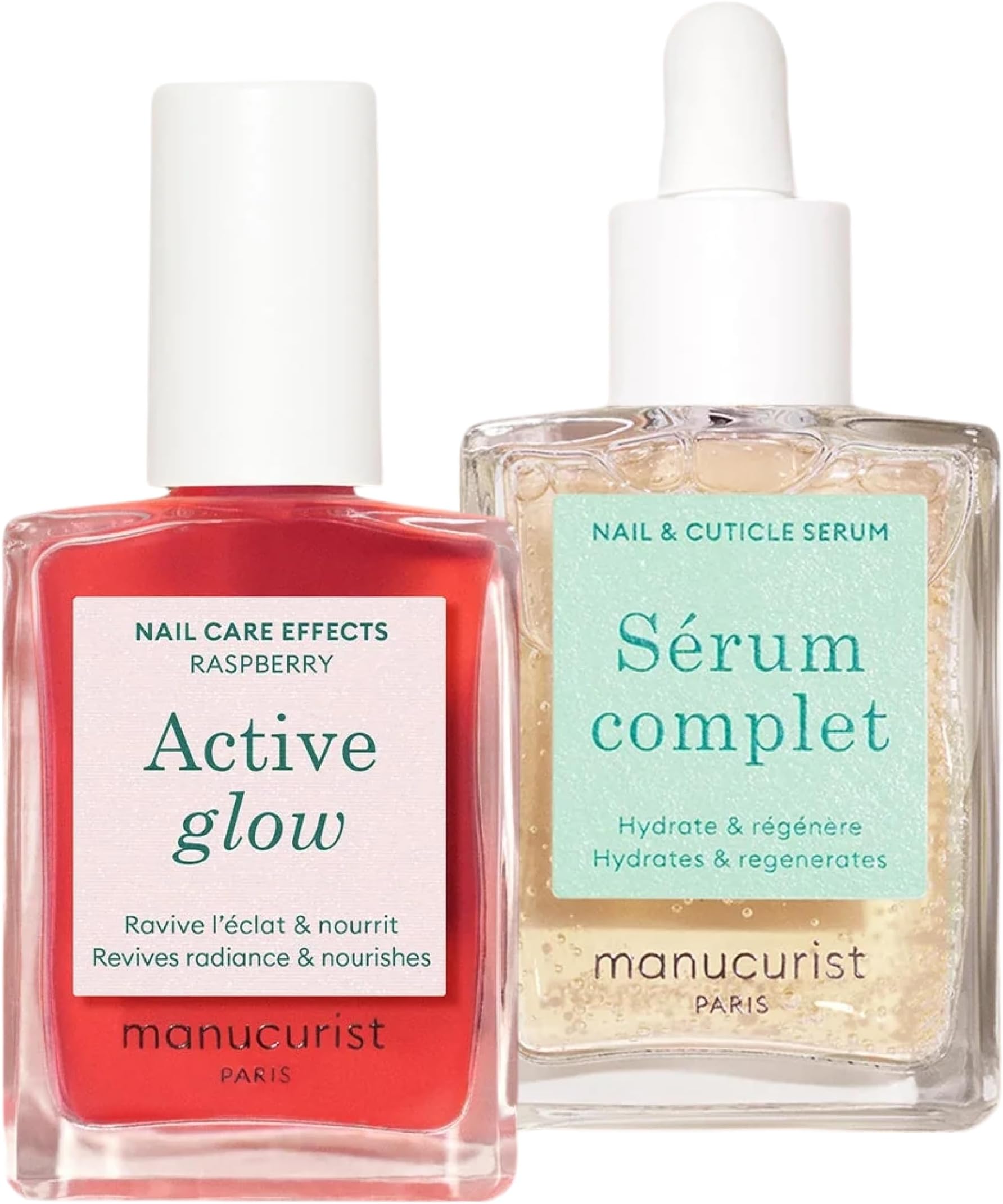 Healthy Glow Duo - Active Glow Raspberry (Pink) Repairing Nail Polish Care & Complete Nail & Cuticle Serum - 2 in 1 Nail Strengthener Polish - Plant-Based - Nails Care Gifts for Women