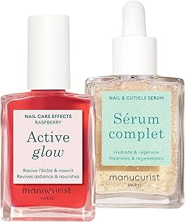 Manucurist Healthy Glow Duo - Active Glow Raspberry (Pink) Repairing Nail Polish Care & Complete Nail & Cuticle Serum - 2 in 1 Nail Strengthener Polish - Plant-Based Formula - Beauty Gift for Women