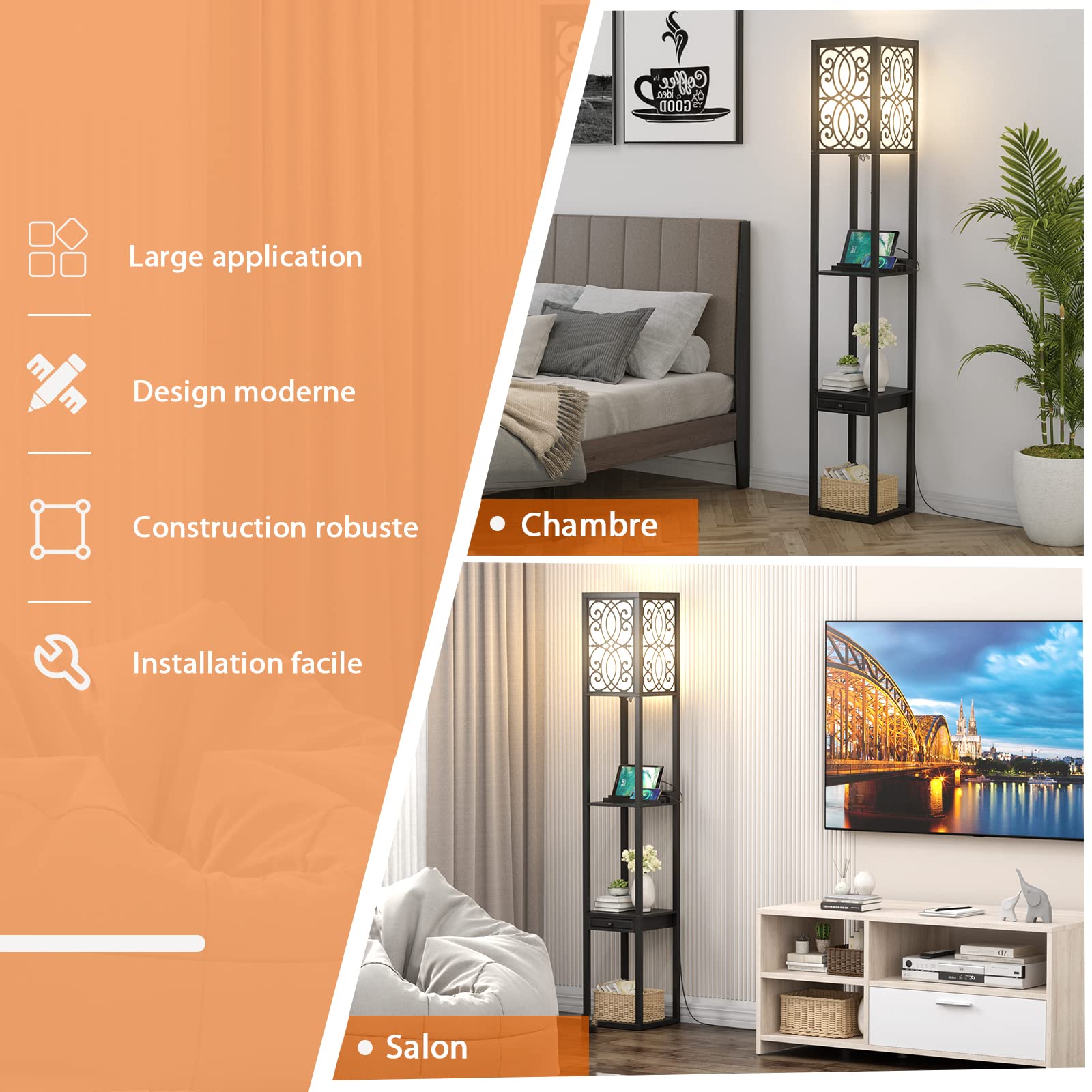 GOPLUS Lámpara de Pie con 3 Estantes Abiertos y Cajón, 2 Puertos USB, E27, Moderna para Salón, Dormitorio, Oficina, Negro, 26x26x160,5cm