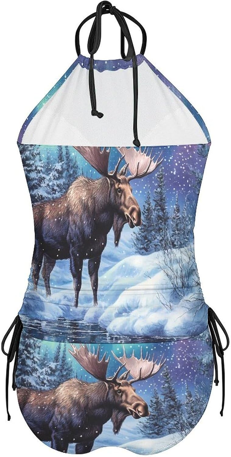 Alaskan Moose with Aurora Borealis Novelty Women's Swimwear Set 2 Pcs Tankini String Swimsuits Bathing Suits