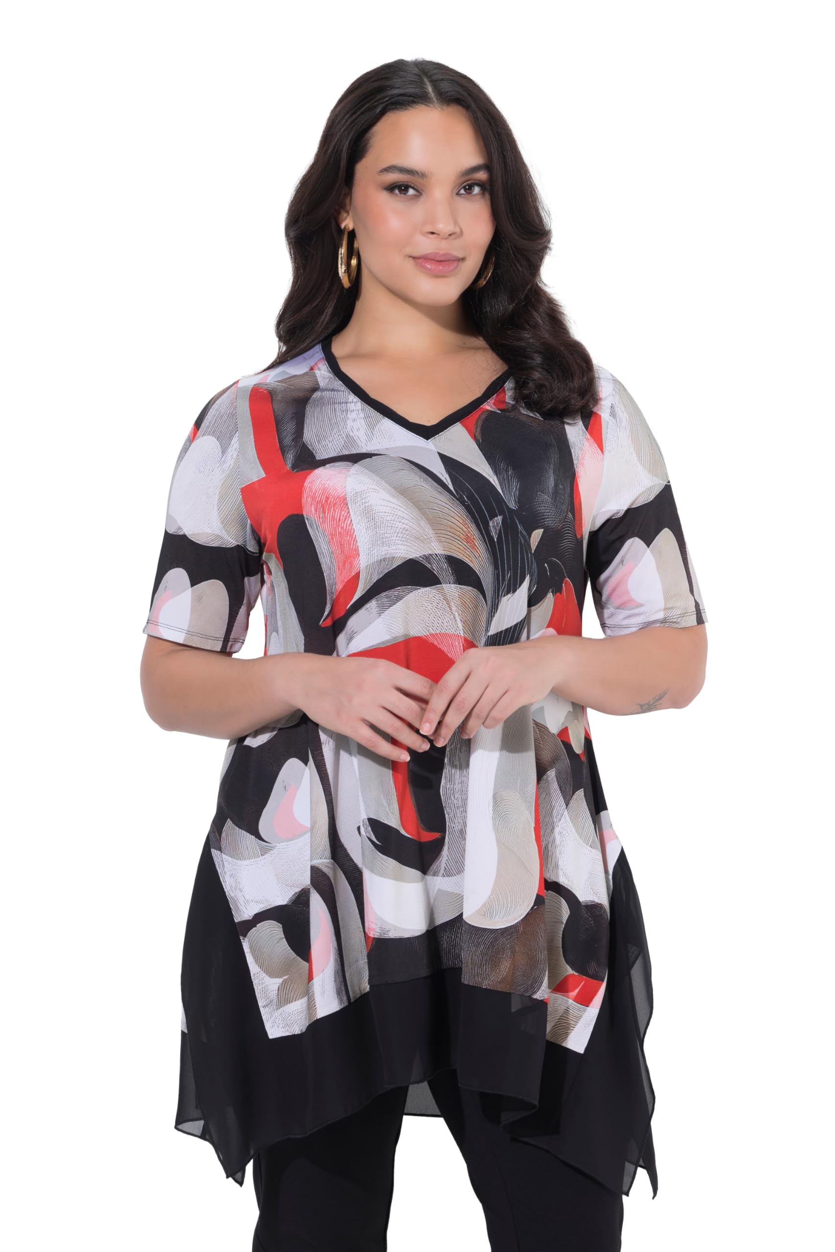 Ulla Popken Damen große Größen Übergrößen Plus Size Slinky-Shirt, Chiffonsaum, V-Ausschnitt, Halbarm 845246