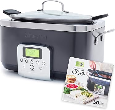 GreenPan Elite 8-in-1 Programmable 6 Quart Electric Slow Cooker, GlassLid & Removable Crock, PFAS-Free Healthy Ceramic Nonstick Multi-Cooker,Sear, Saute/Brown,Roast, Graphite + Slow Cooker Cookbook