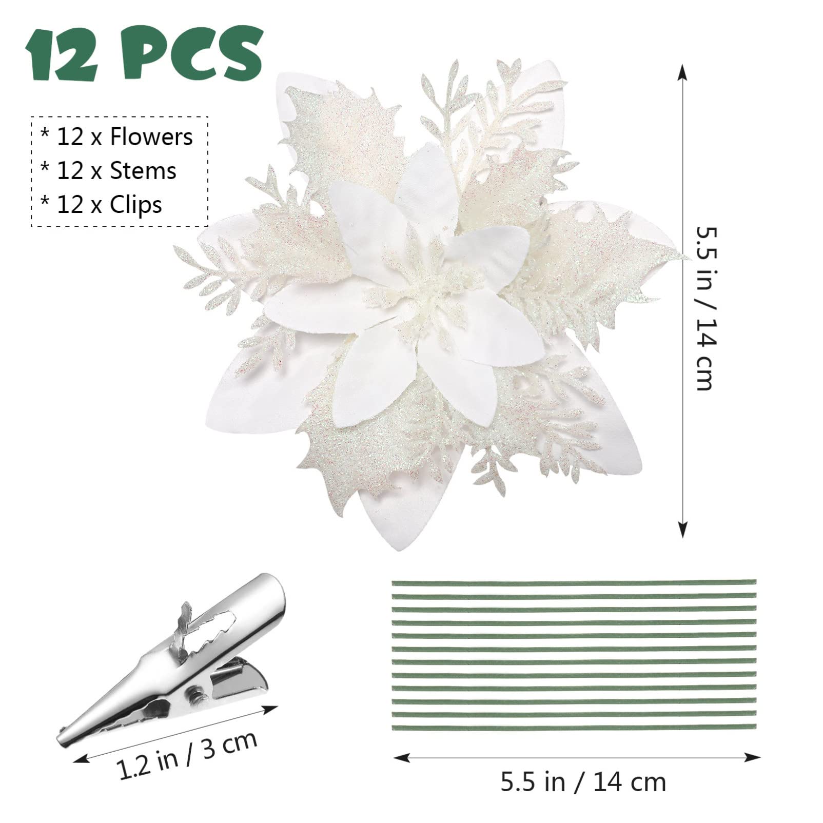 Toyvian Poinsettia Artificial Poinsettia Christmas Decorations Glitter Christmas Tree Flowers Decorations Novetly Artificial Chritstmas Flowers for Xmas Tree Decorations with Clips - Image 2