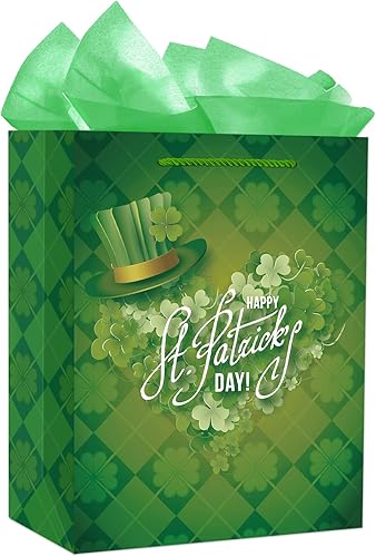 FLYAB Bolsas de regalo del día de San Patricio de 11.5 pulgadas, bolsa de trébol irlandés con papel de seda, bolsas de regalo del día de San