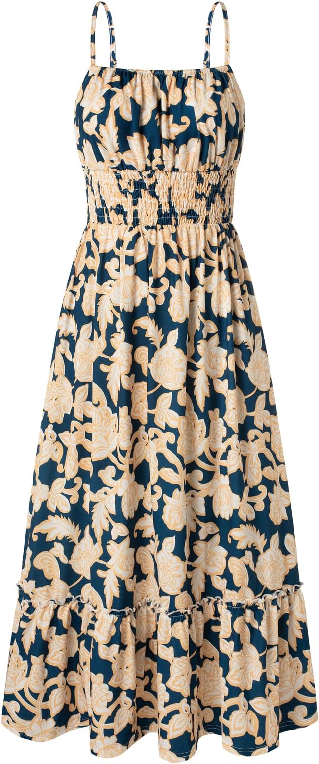 Navy Blue and Beige Floral Smocked Maxi Dress for Women