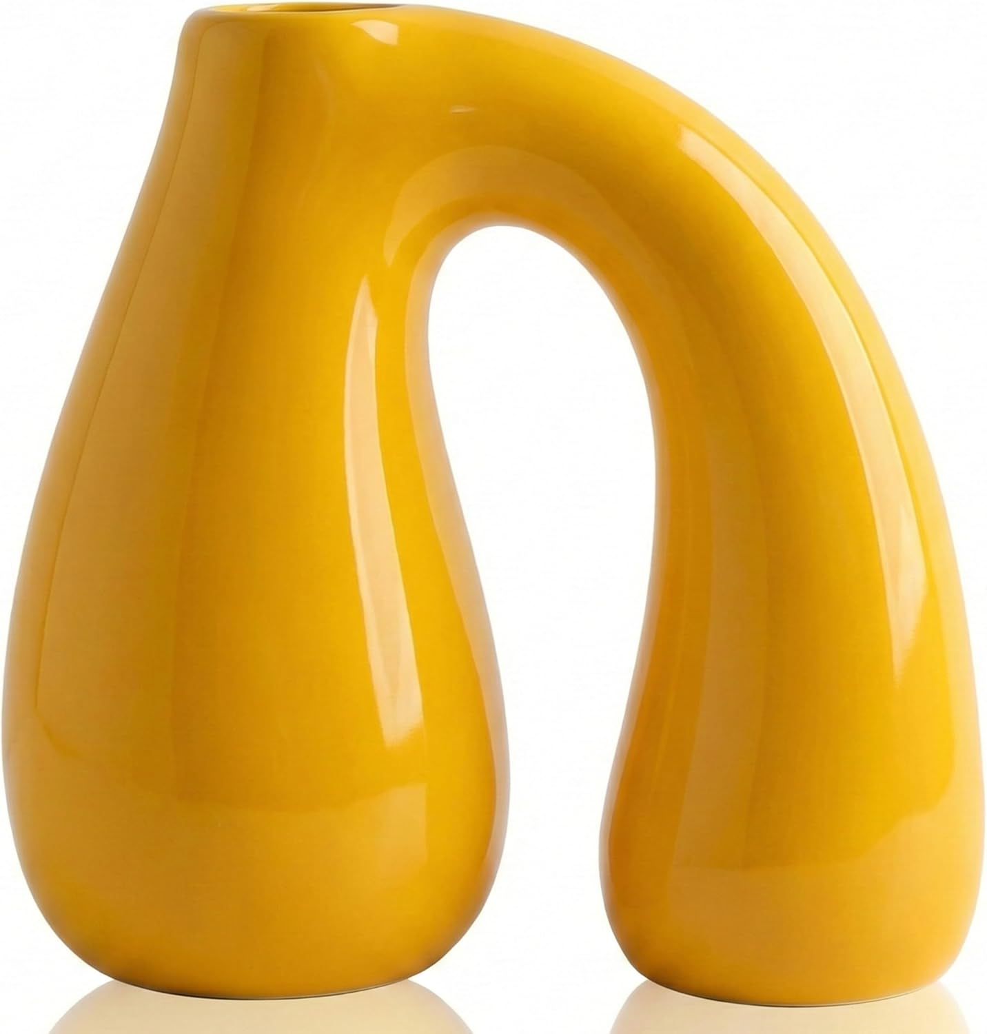Yellow Ceramic Decorative Pitcher Vase, 7.5 in – Glossy Sculptural Arch-Handle, Modern Home Décor Accent for Fresh or Dried Floral Arrangements, Table/Shelf/Entryway, Giftable