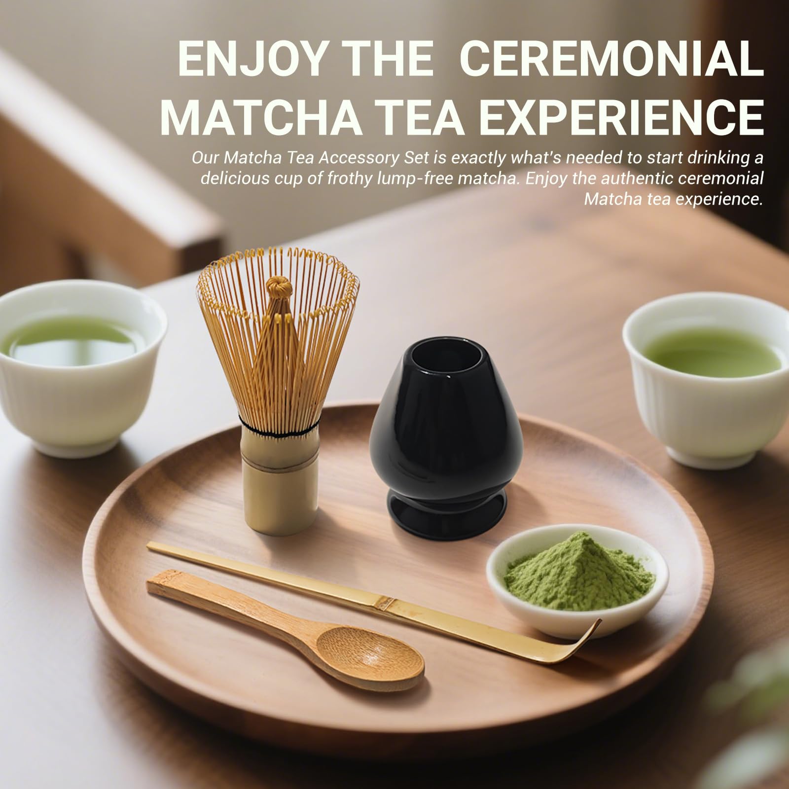 Matcha Kit 4 pezzi Matcha Set, Kit Matcha, include frusta Matcha in bambù, cucchiaio tradizionale, cucchiaio da tè, supporto per frusta Matcha, il set perfetto per preparare una tazza, Nero