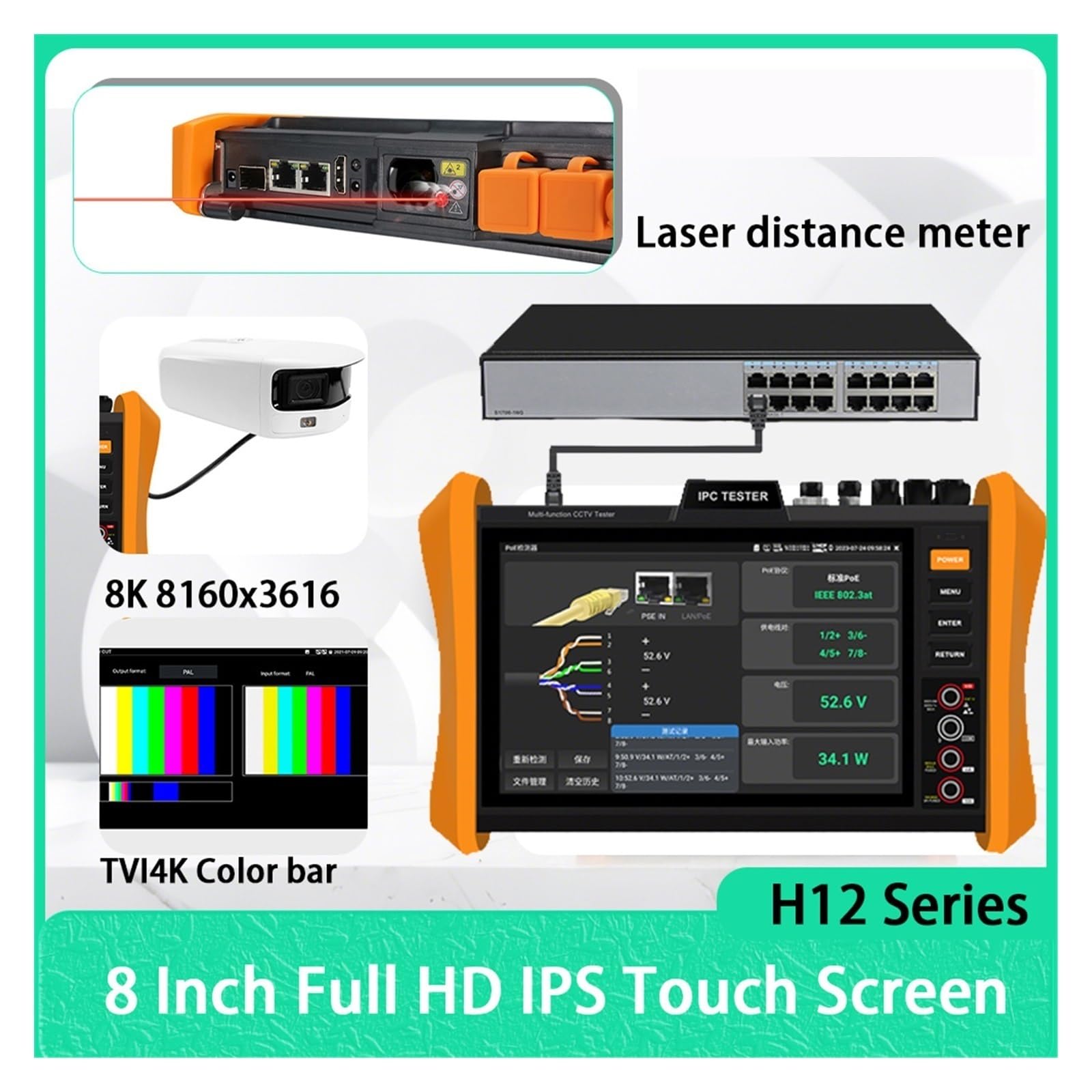 CCTV Tester, Tester CCTV For Telecamere Analogiche IP 8K E 8MP 4K HDMI Gigabit LAN PoE++ H12 Cavo Di Rete TDR Rilevamento Tensione Tracciatura Cavi