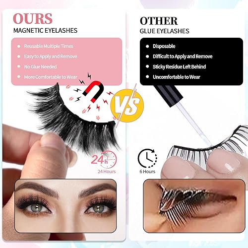 Miniatura 3 de Kit de pestañas magnéticas y delineador de ojos, 12 pares de pestañas magnéticas diferentes de aspecto natural 3D con delineador de ojos y pinzas,